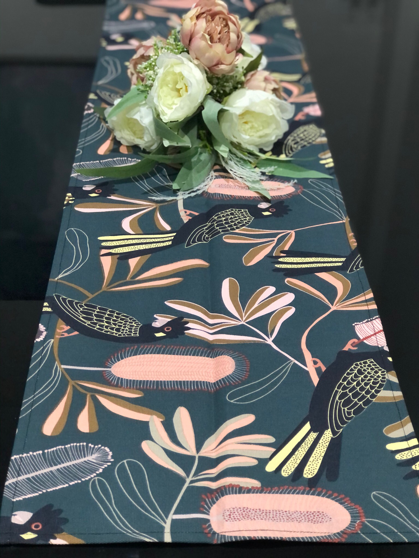 Black Cockatoo Table Runner 32x150cm. Handmade in Australia