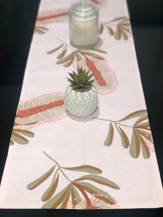 Pink Banksia Table Runner 32x150cm. Handmade in Australia