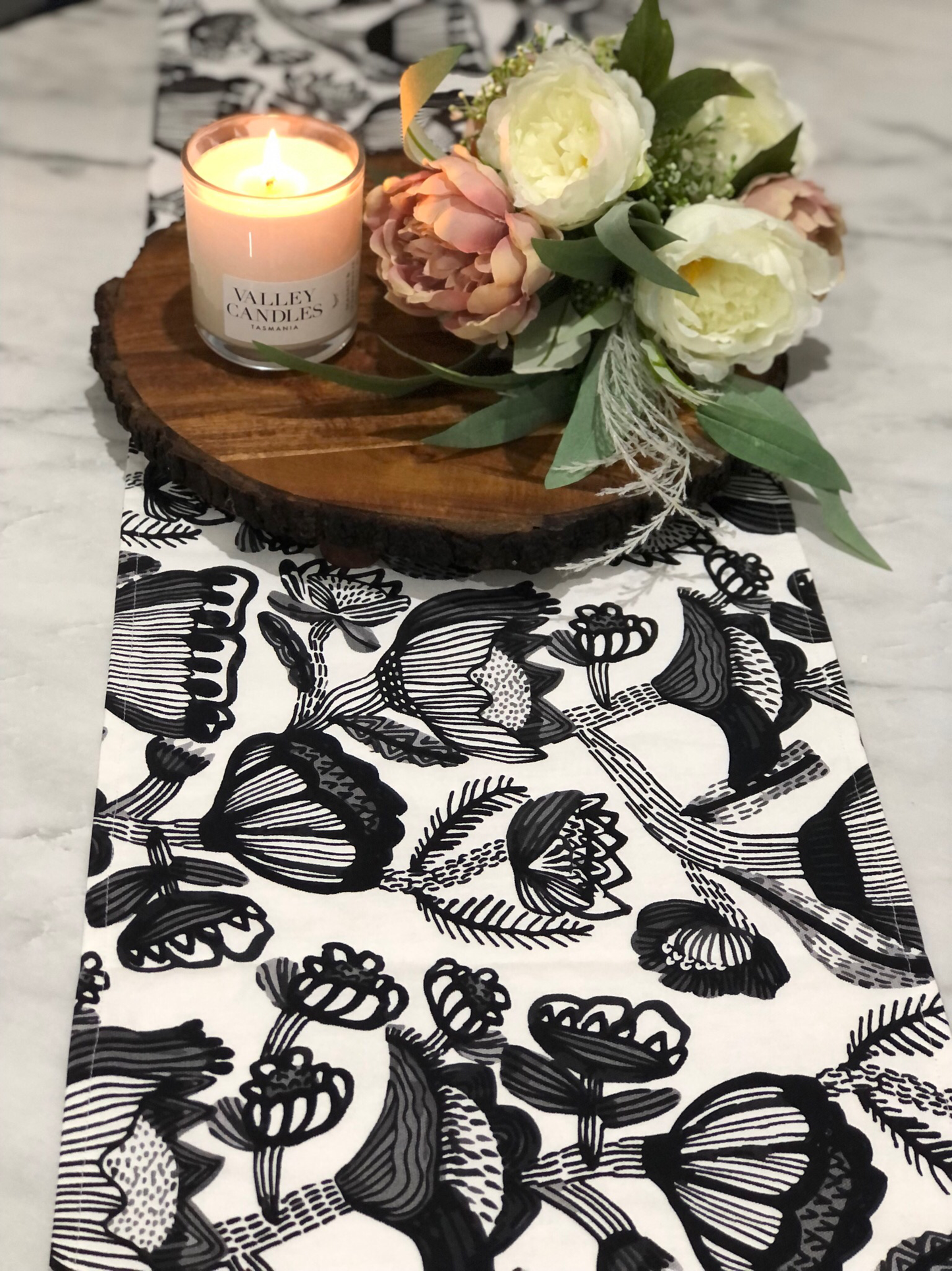 Monochrome Table Runner 32x150cm. Black and White print by Kirsten Katz. Handmade in Australia