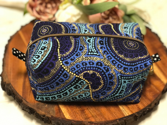 Blue Indigenous Design Box Makeup Bag Pouch. Fully lined.  Handmade in Australia