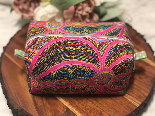 Pink Indigenous Design Box Makeup Bag Pouch. Fully lined.  Handmade in Australia