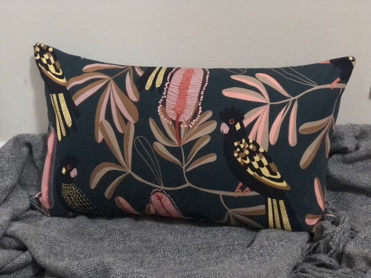 Cushion Cover Rectangle Black Cockatoo 30x50cm. Handmade in Australia.