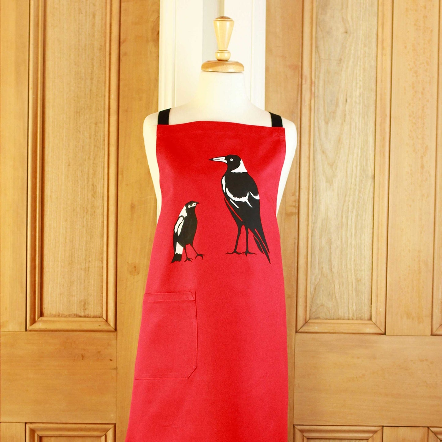 Red Magpie Apron with pockets. Handmade in Australia