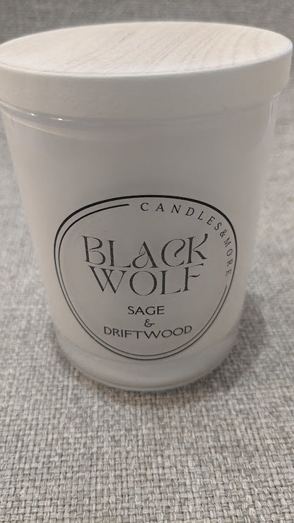 Black Wolf Candle Sage and Driftwood. Handmade in Australia.