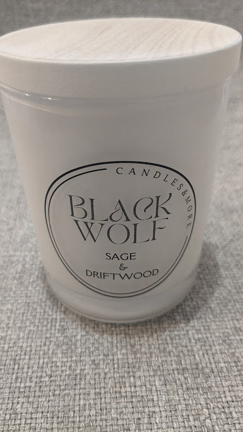Black Wolf Candle Sage and Driftwood. Handmade in Australia.