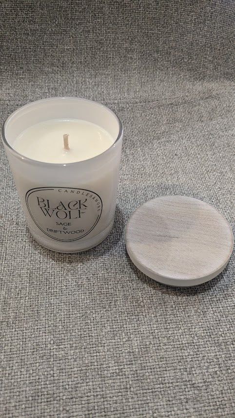 Black Wolf Candle Sage and Driftwood. Handmade in Australia.