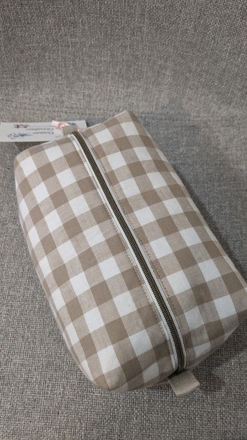Gingham Neutral Boxy Makeup Bag Pouch. Fully lined.  Handmade in Australia