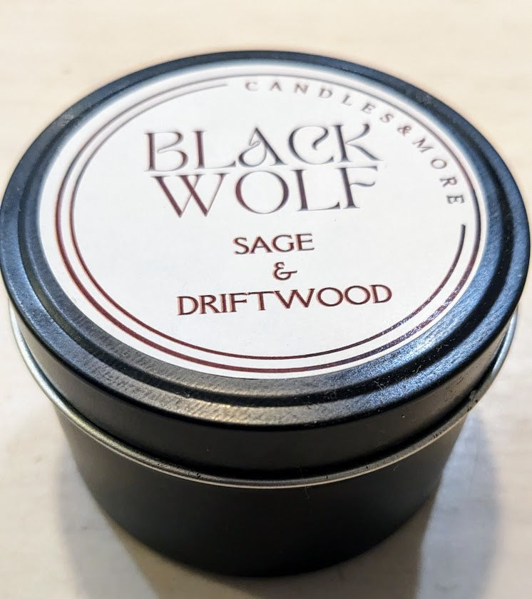 Black Wolf Candle Sage and Driftwood. Handmade in Australia.