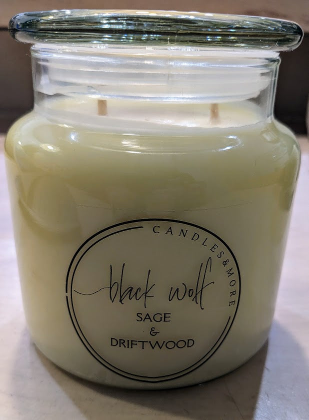 Black Wolf Candle Sage and Driftwood. Handmade in Australia.