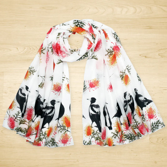 Australian Magpie and Grevillea Chiffon Scarf Handmade in Australia