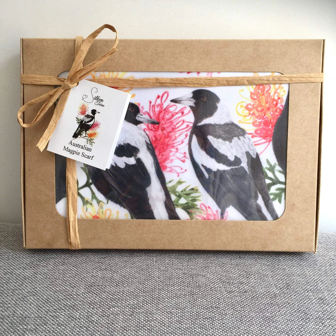 Australian Magpie and Grevillea Chiffon Scarf Handmade in Australia