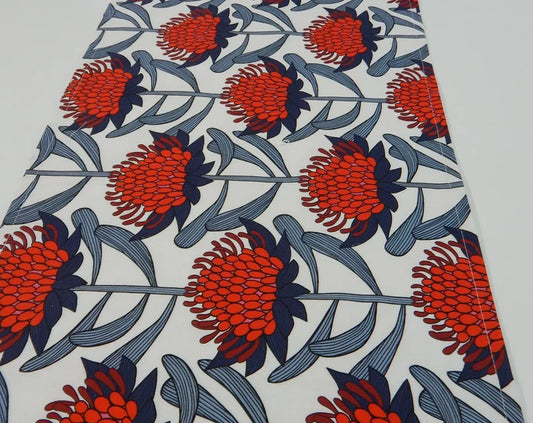 Waratah on White Table Runner 32x150cm. Handmade in Australia