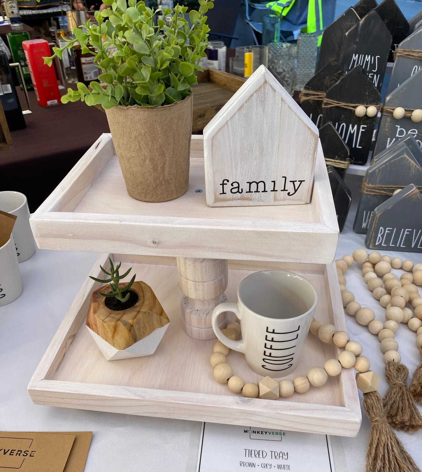 Monkeyverse Tiered Tray Oak Finish. Handmade in Australia