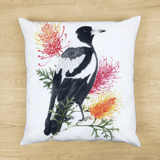 Australian Large Magpie and Grevillea Cushion Cover. Handmade in Australia