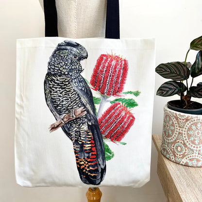 Australian Black Cockatoo Tote Bag with black handles. Handmade in Australia