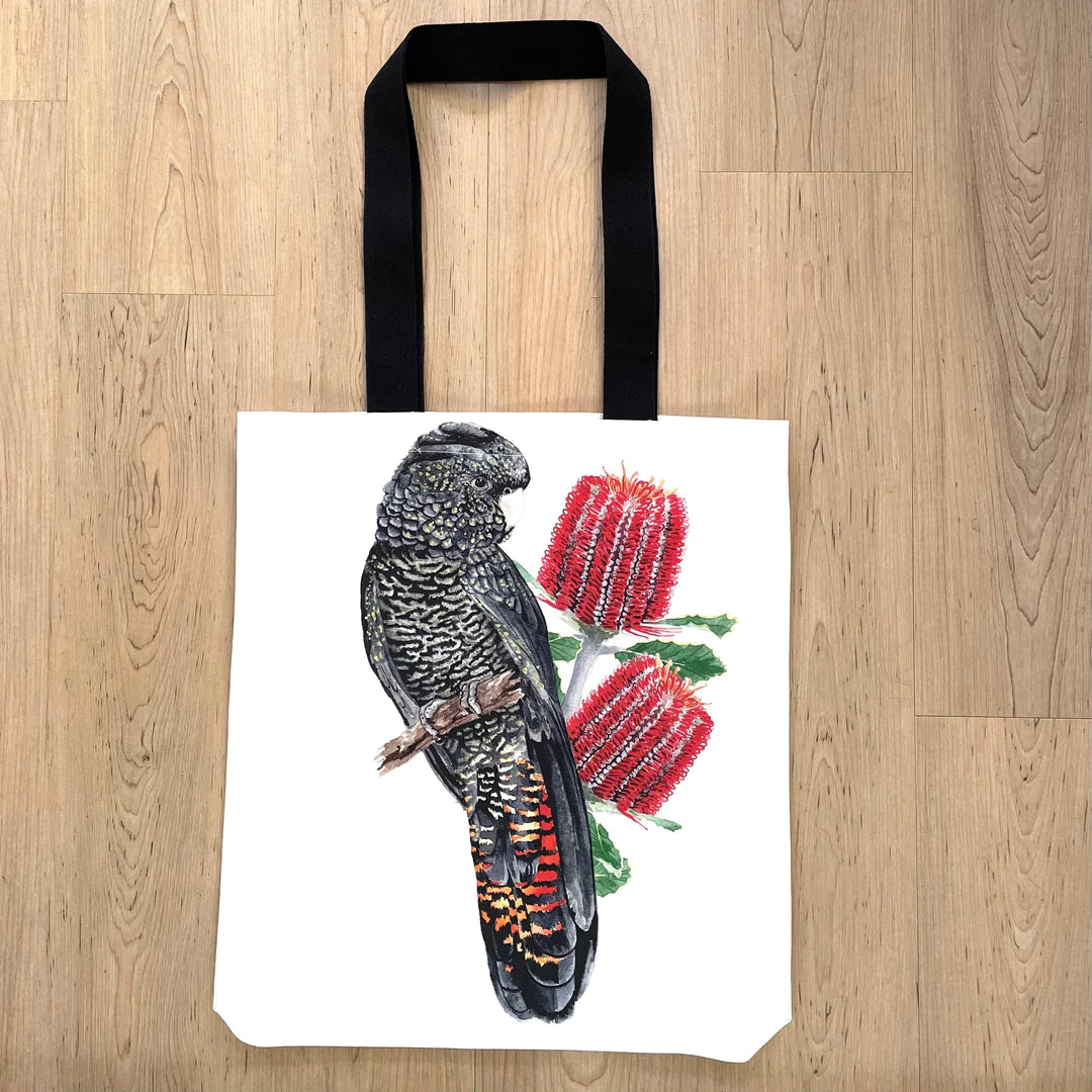 Australian Black Cockatoo Tote Bag with black handles. Handmade in Australia