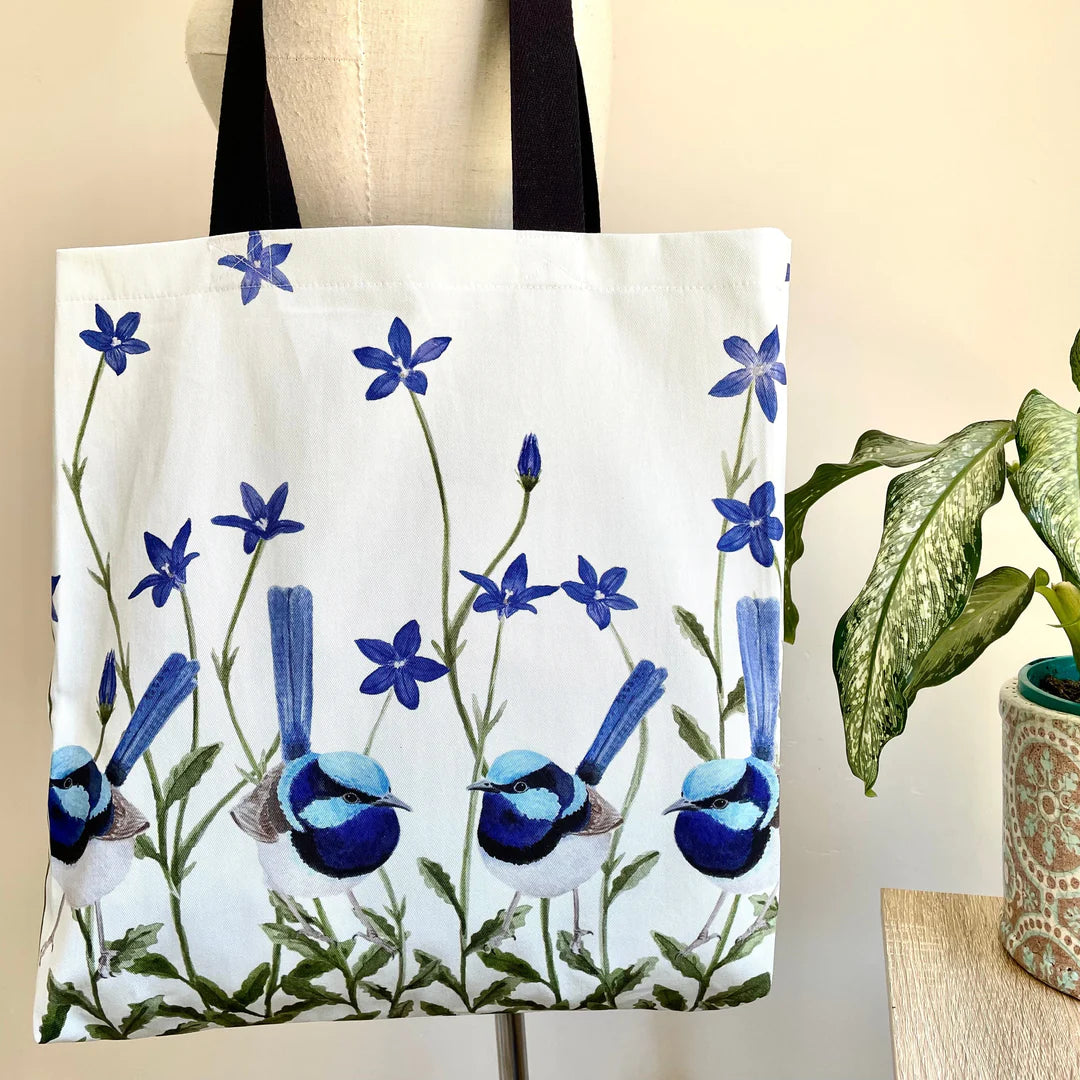 Australian Superb Wrens Tote Bag with black handles. Handmade in Australia