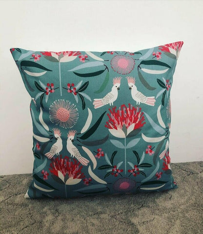 Cushion Cover Square. Cockatoo Light Teal 45cm x 45cm. Handmade in Australia.